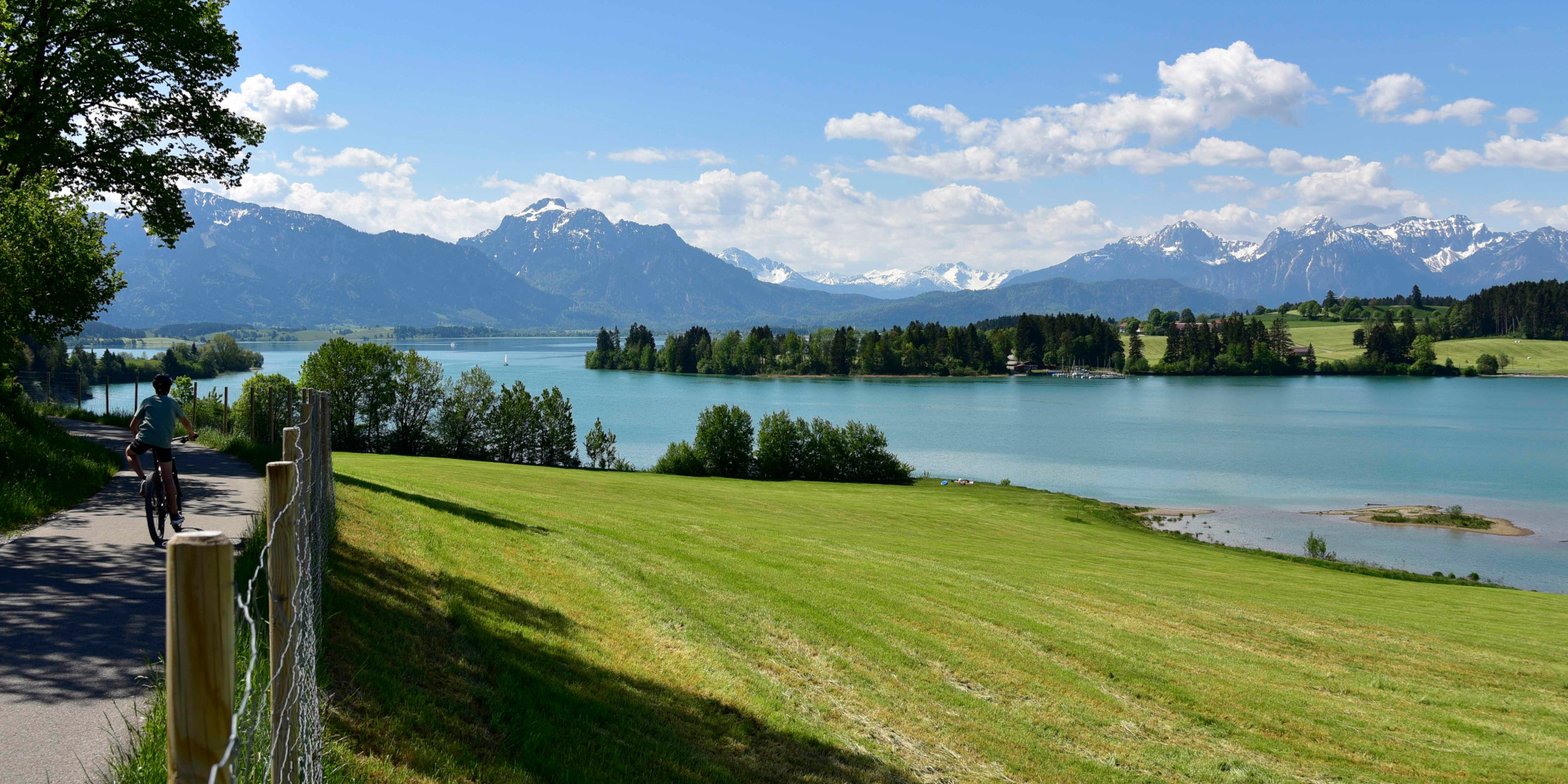 Forggensee im Allgäu mit Bergen im Sommer