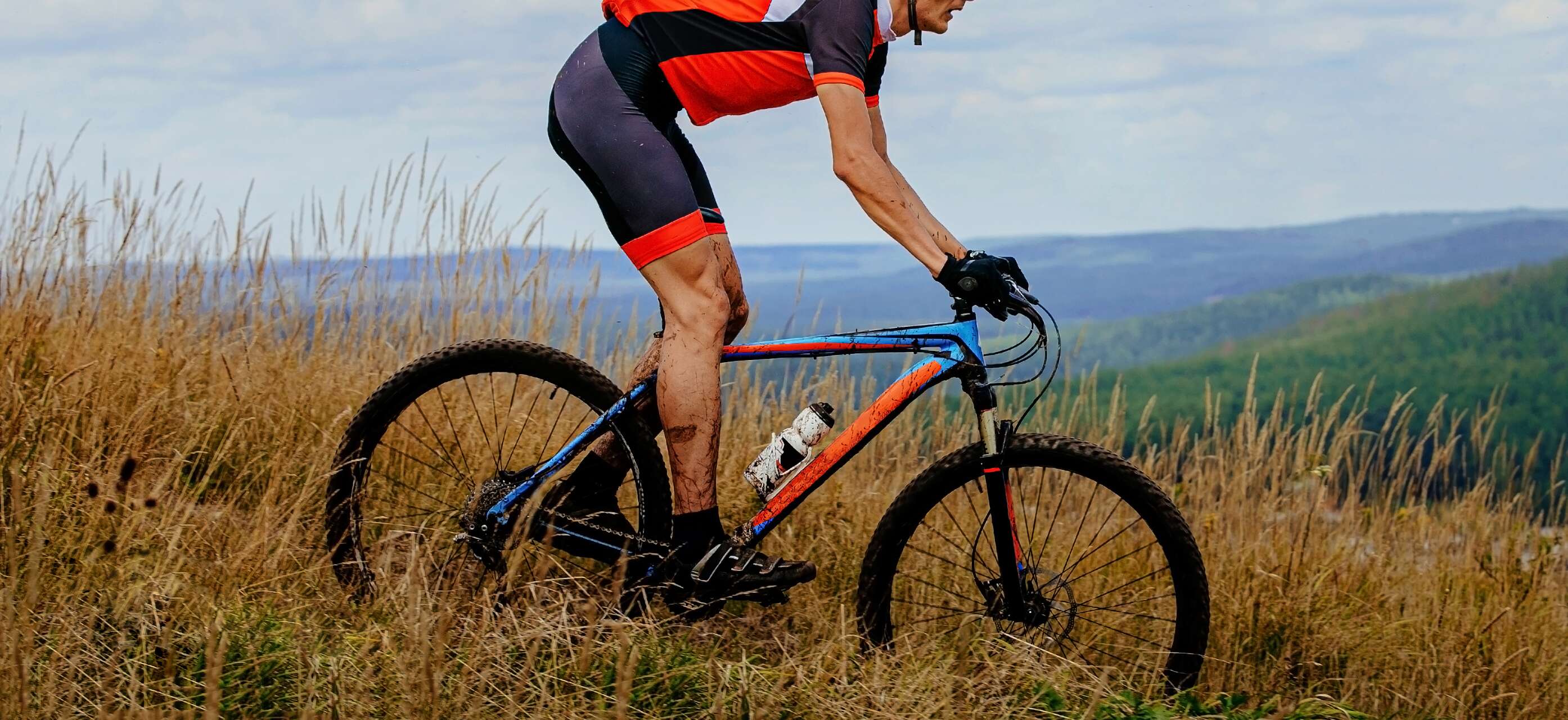 Eine Person fährt auf einem Mountainbike. 