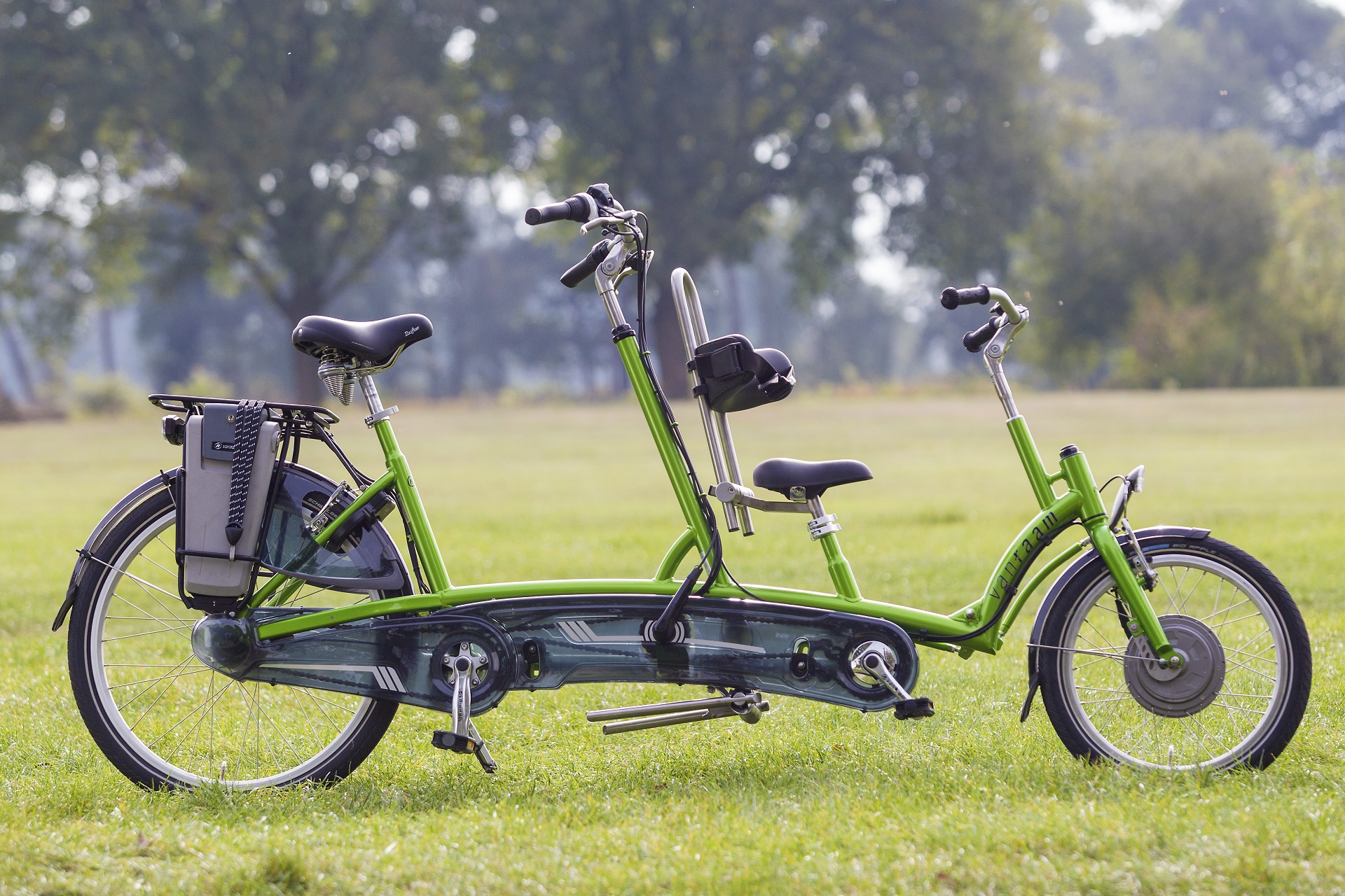 Eltern-Kind-Tandem steht auf einer grünen Wiese.