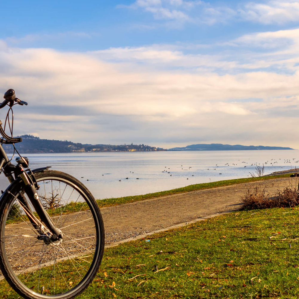 Fahrrad steht vor einem See