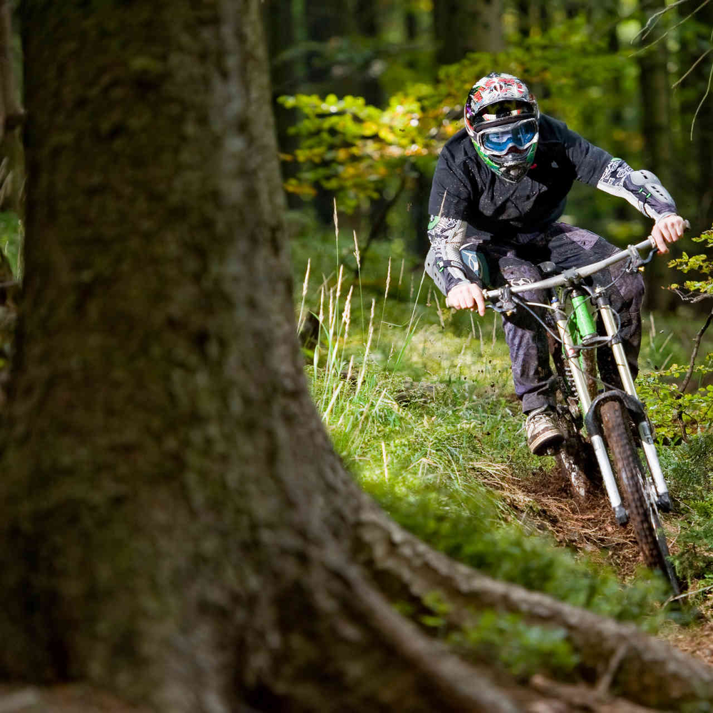 Mann mit Schutzausrüstung fährt bergab durch Wald auf Mountainbike.