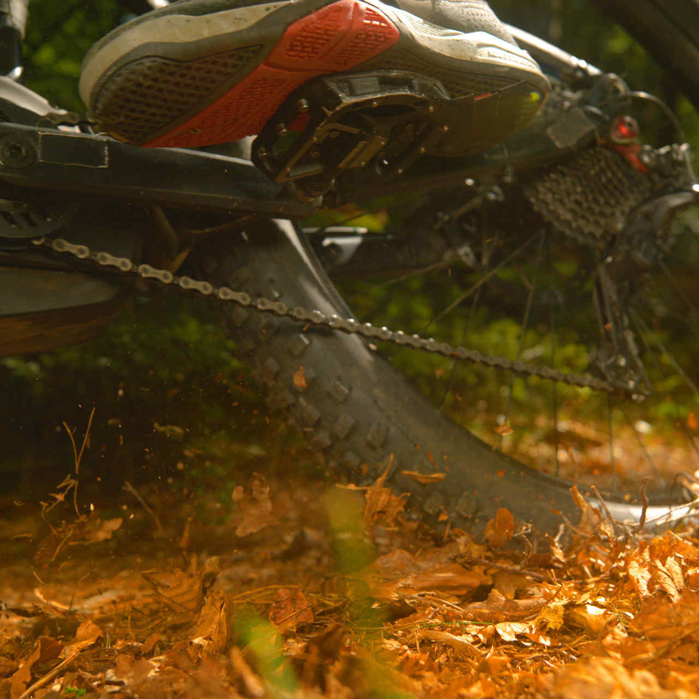 E-Mountainbike fährt auf nassem Waldboden eine Kurve