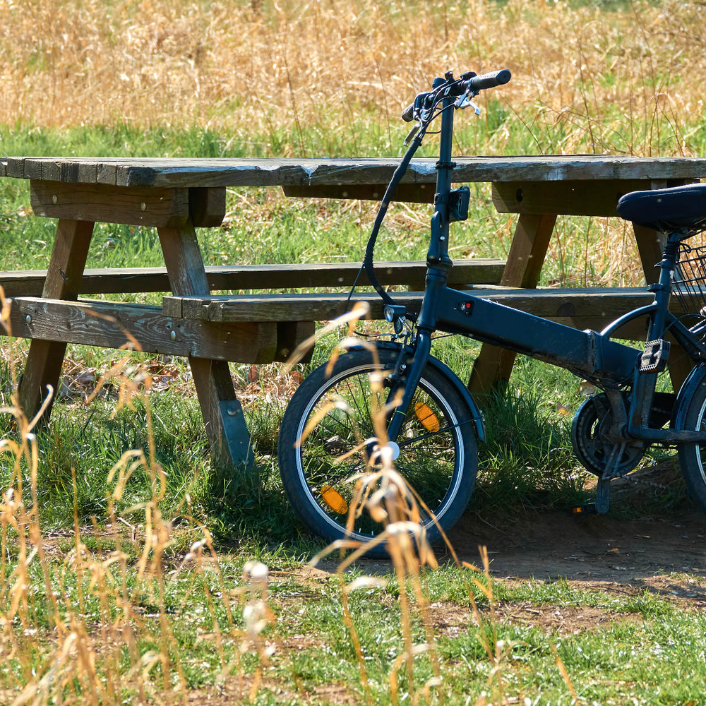 Ein E-Klapprad steht auf einer Wiese